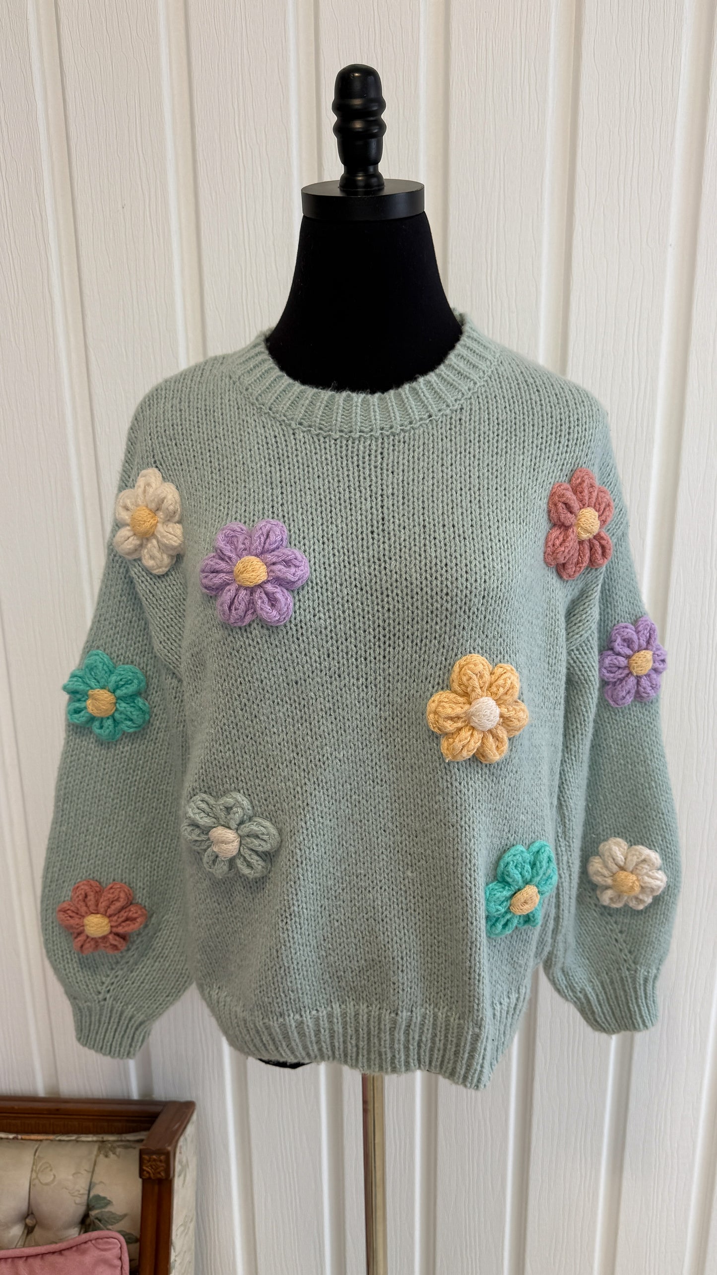 Chandail tricot vert menthe fleuris- small