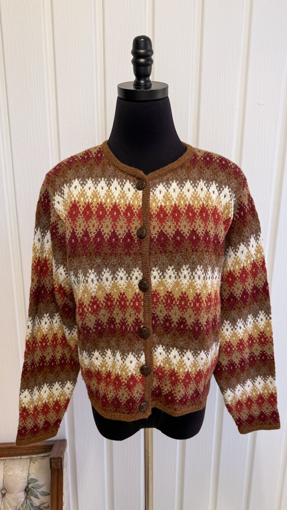 Cardigan tricot rayé beige,rouge et orange- small