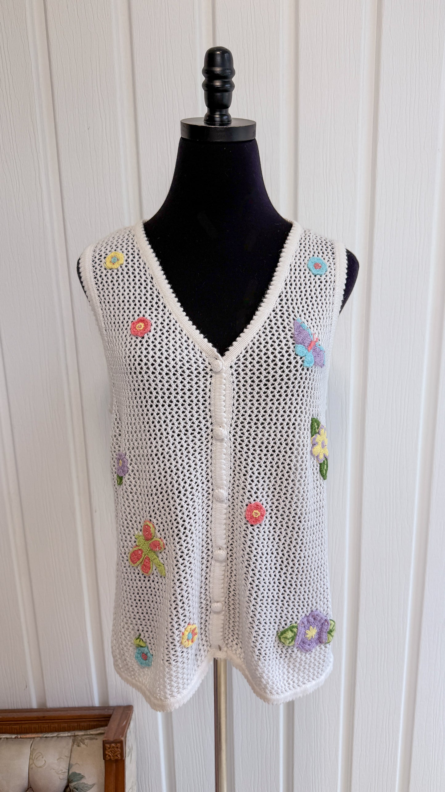 Gilet en tricot blanc fleuris- large