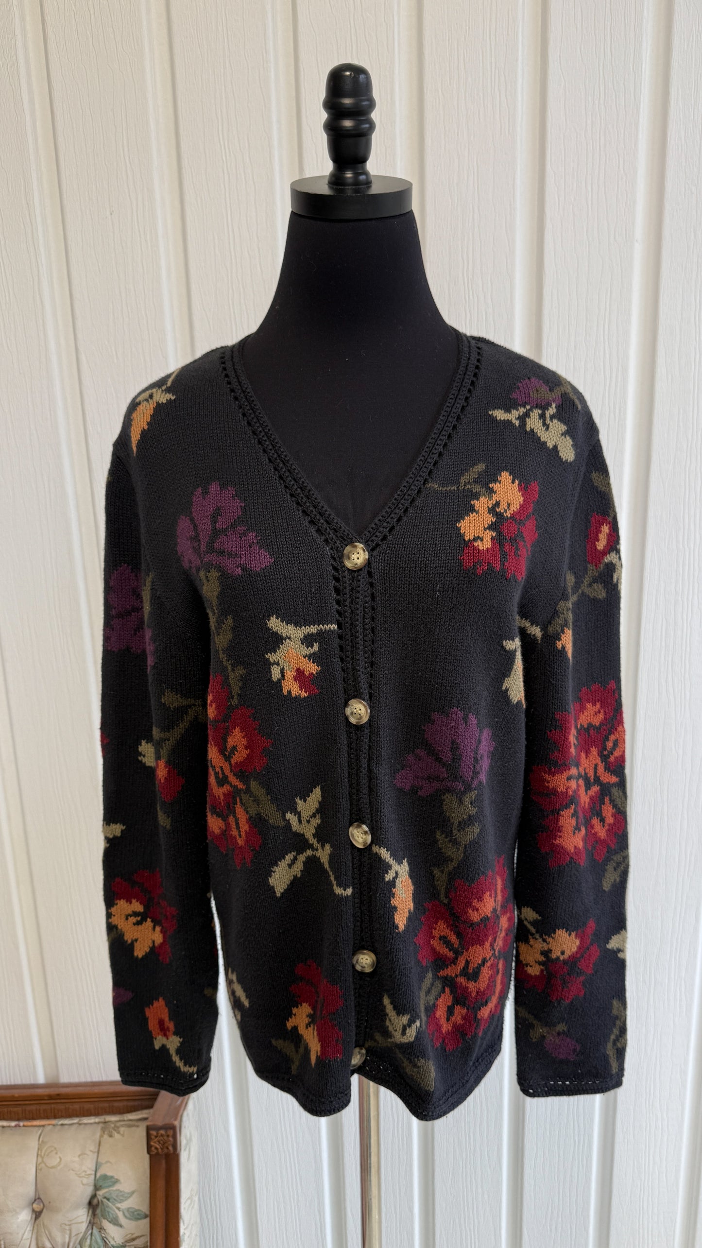 Cardigan tricot noir fleuris - medium