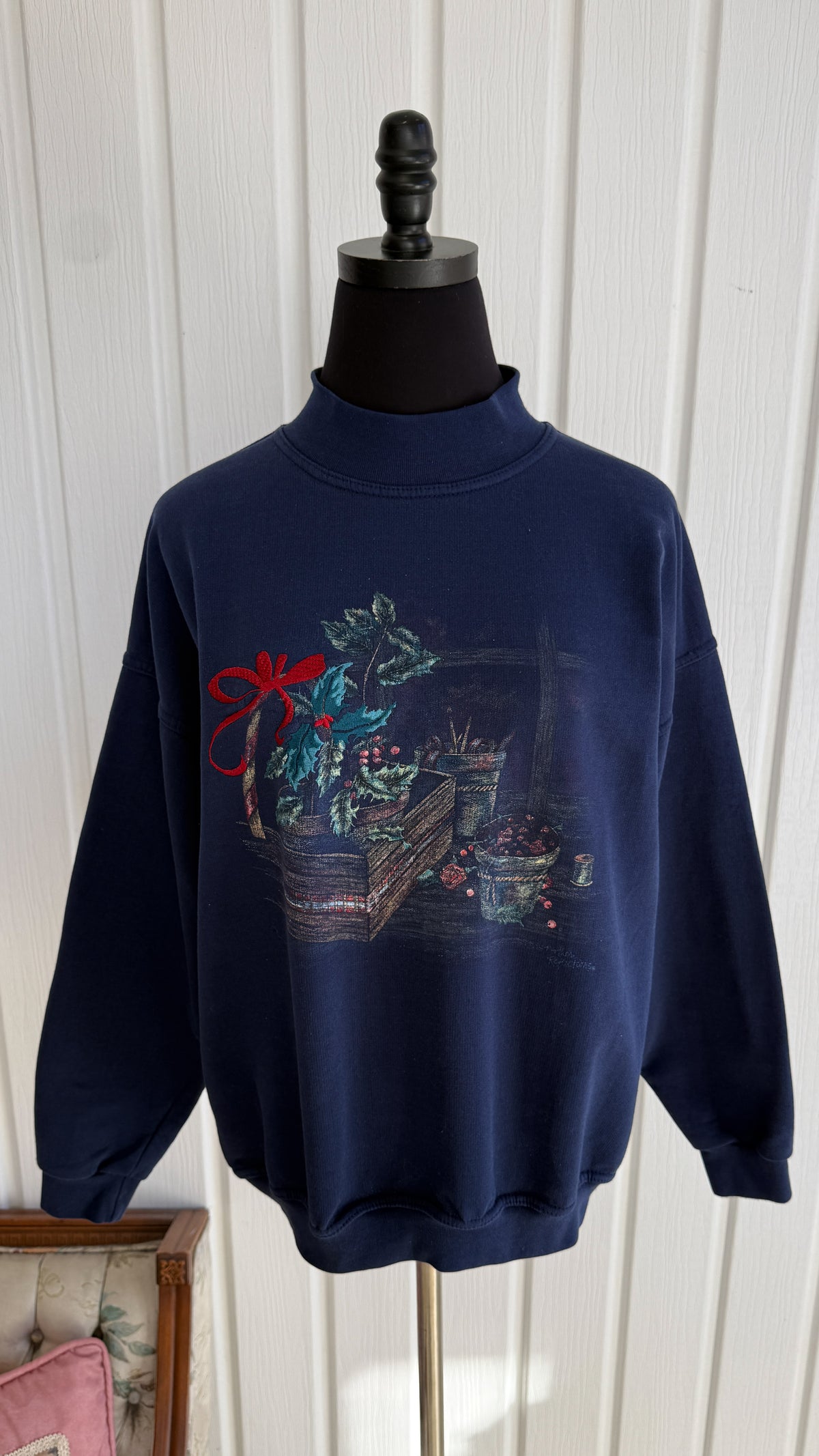 Chandail crewneck marine paniers feuilles de gui- medium