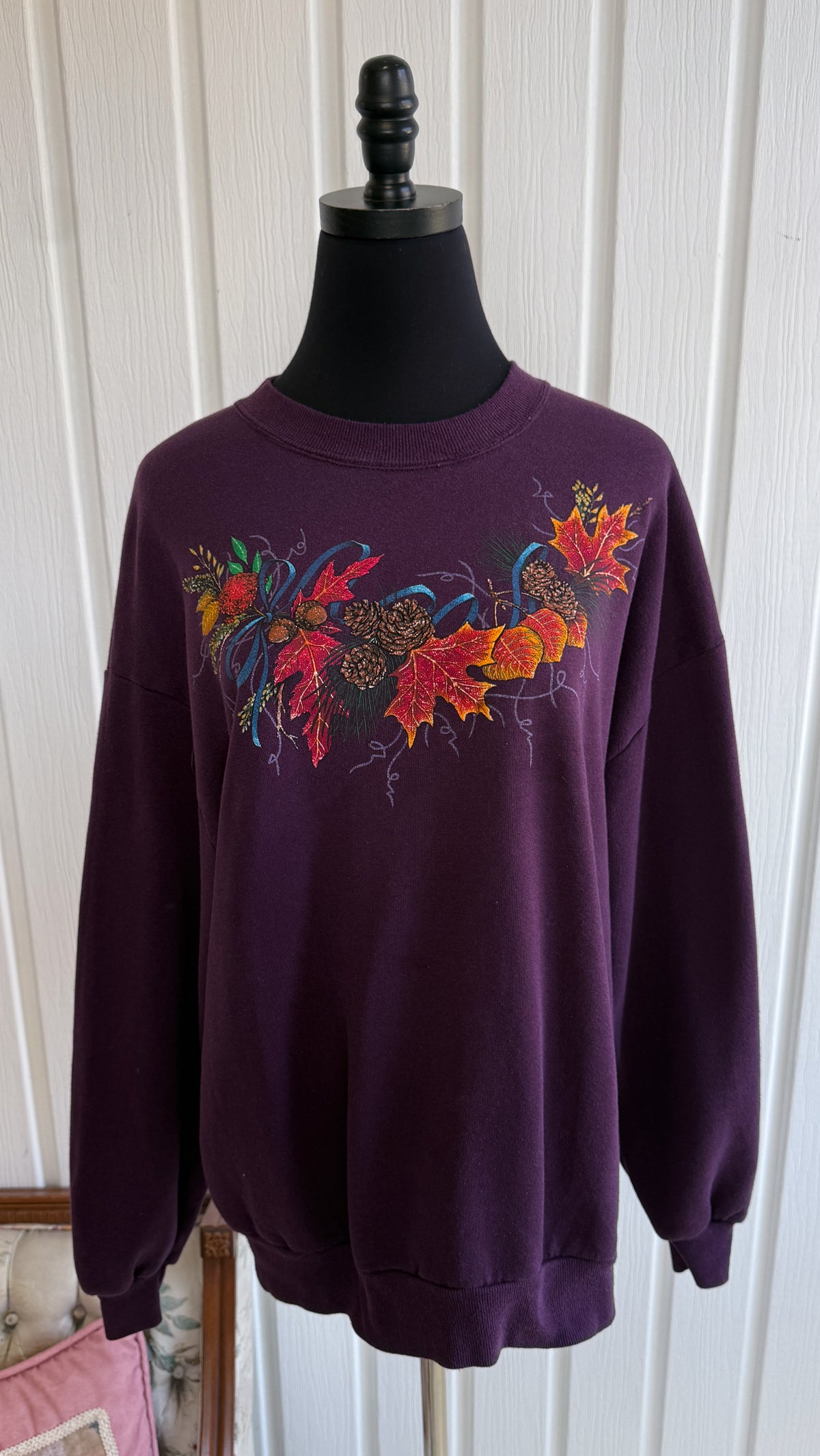 Chandail crewneck mauve feuilles- x-large