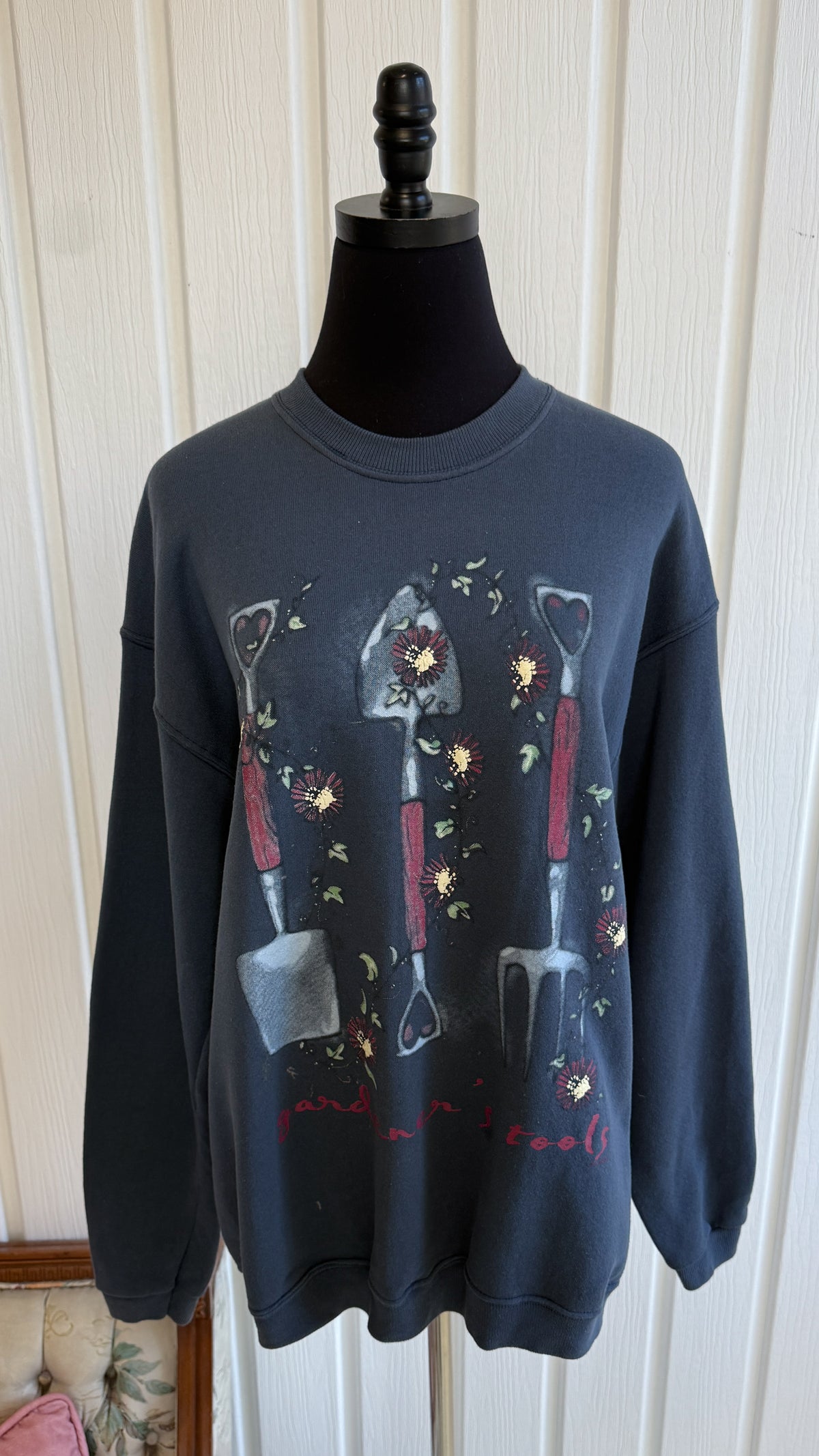 Chandail crewneck bleu/gris outils jardinage- large