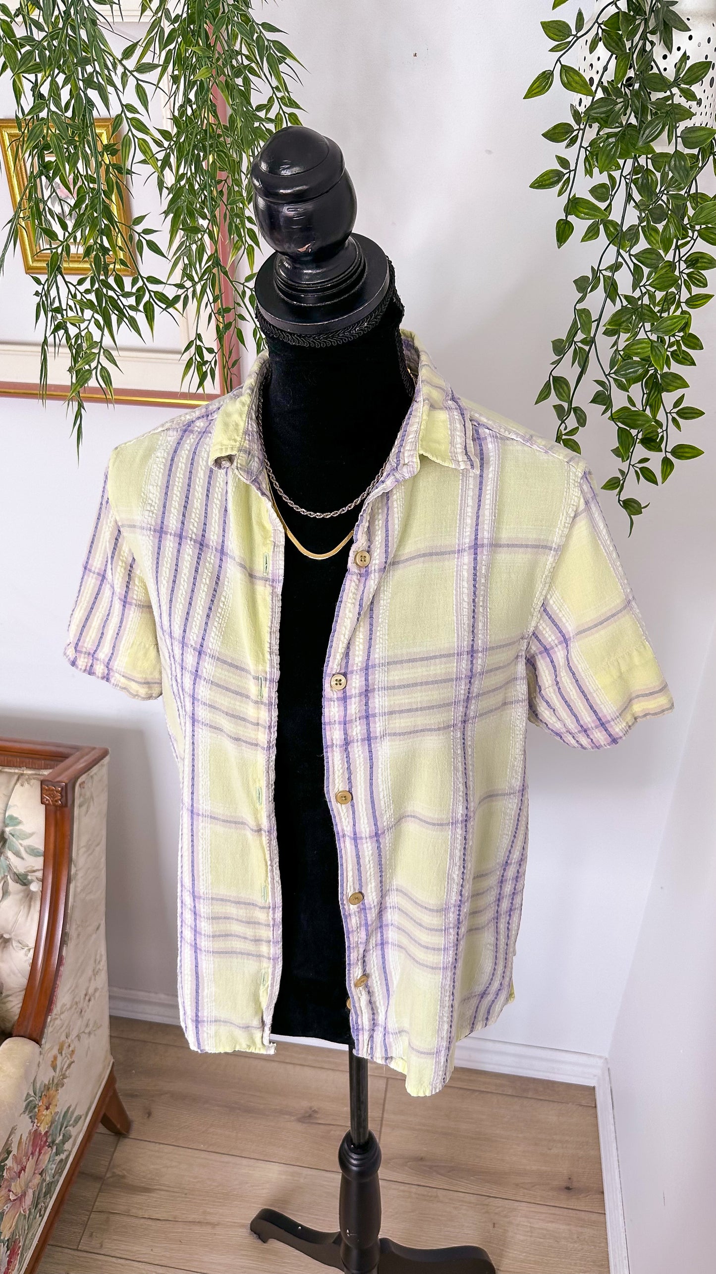 Green and mauve plaid blouse - medium