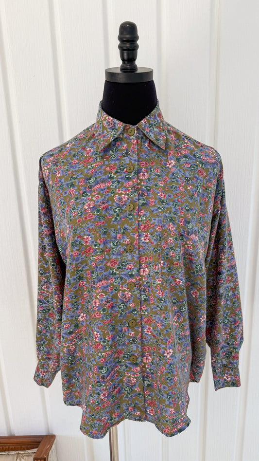 Chemisier vert fleuris rose et bleu- medium