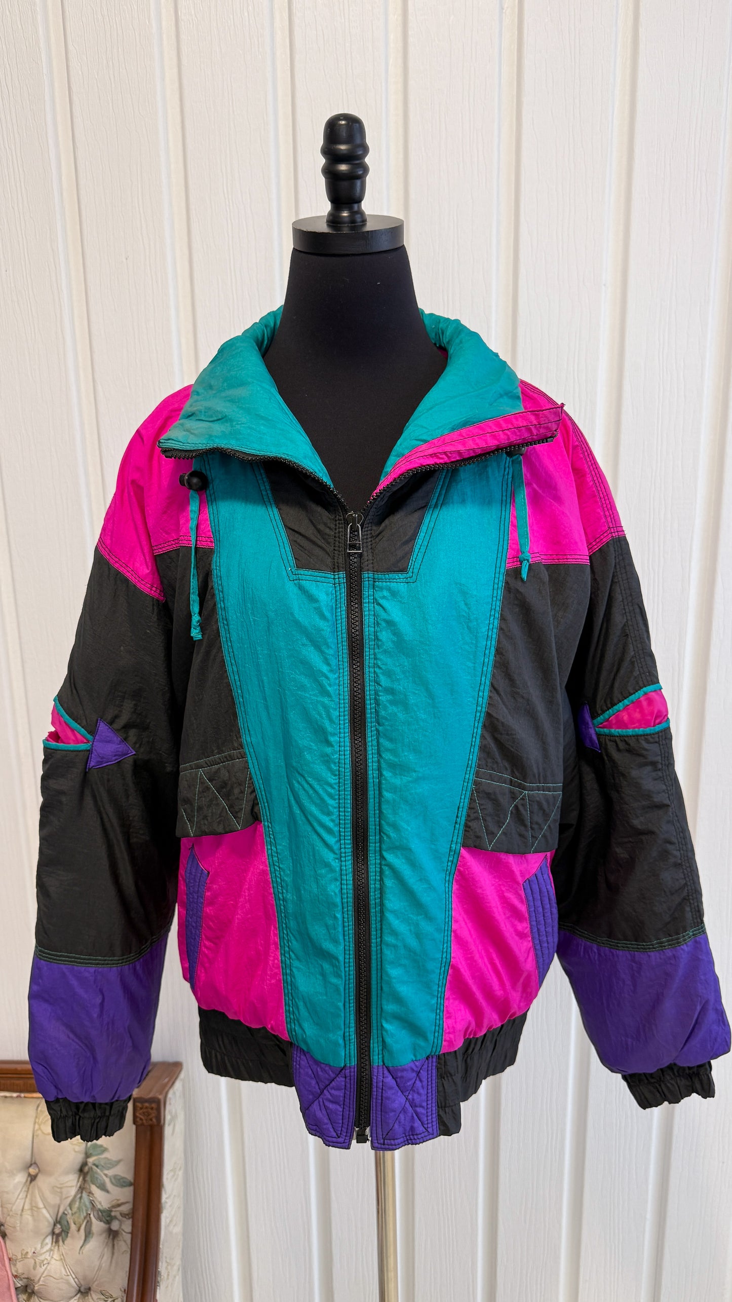 Manteau hiver noir,rose,mauve et turquoise- medium