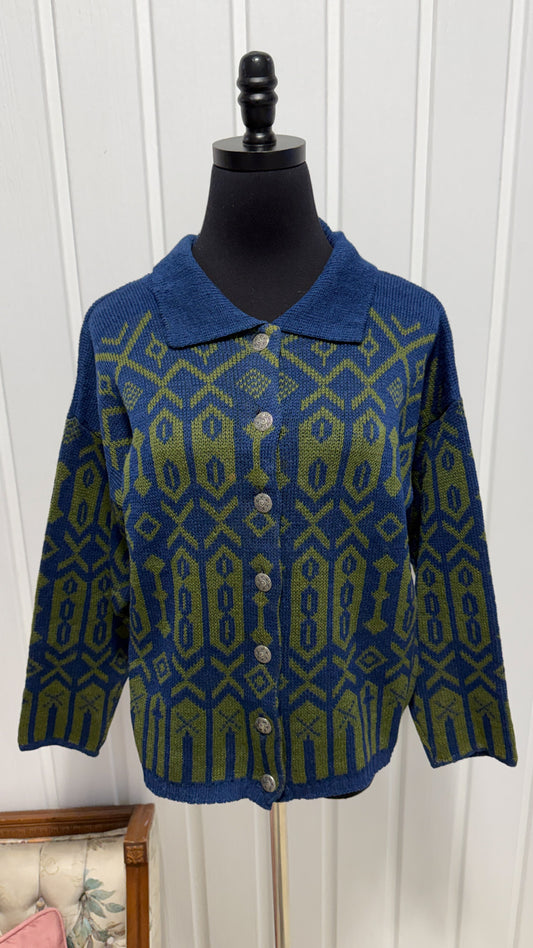 Cardigan en tricot bleu et vert- medium