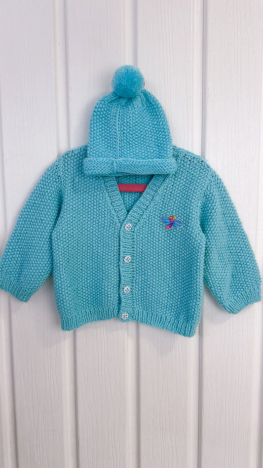 Children - Blue knitted cardigan with hat - 2