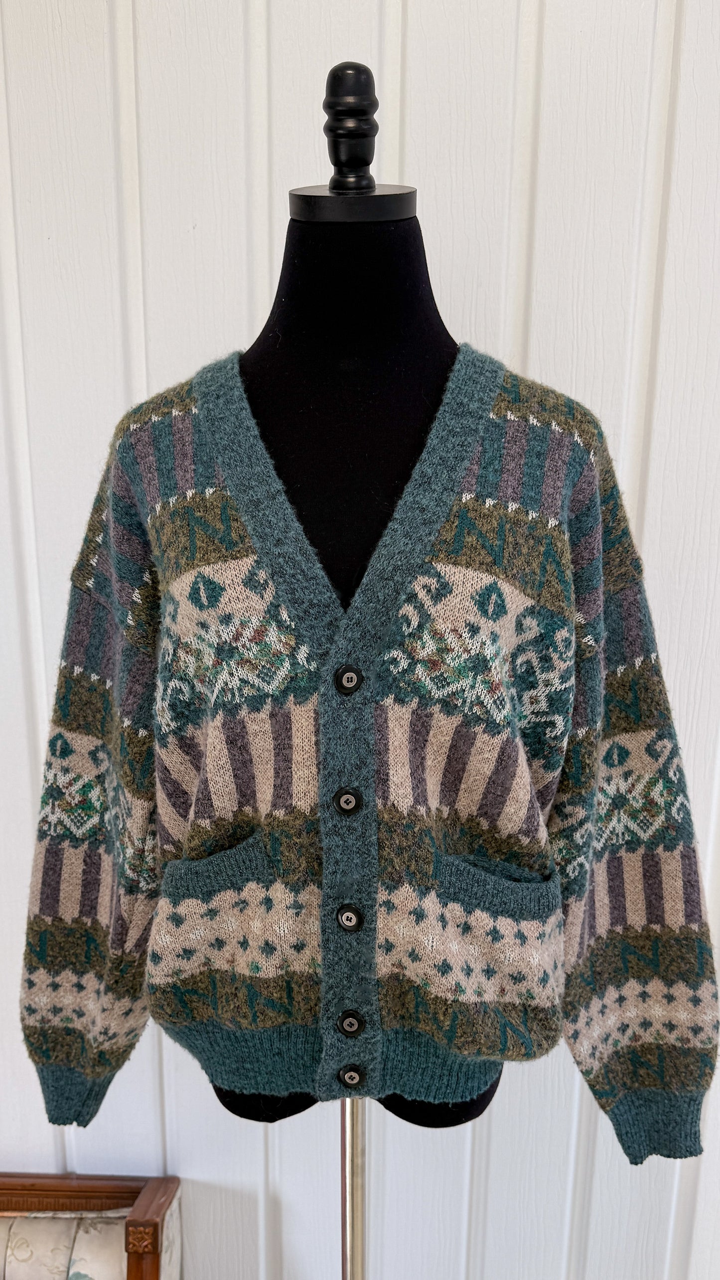 Cardigan en tricot sarcelle à motifs- small
