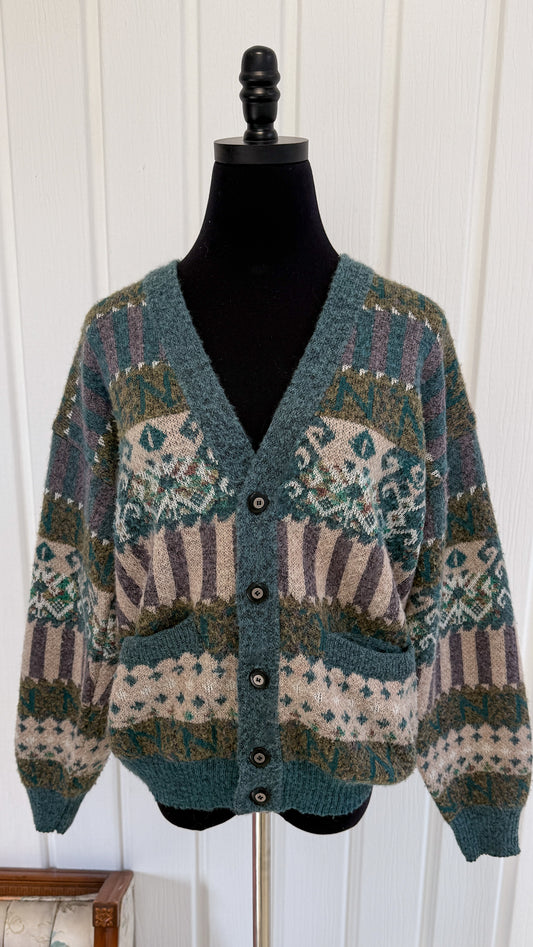 Cardigan en tricot sarcelle à motifs- small