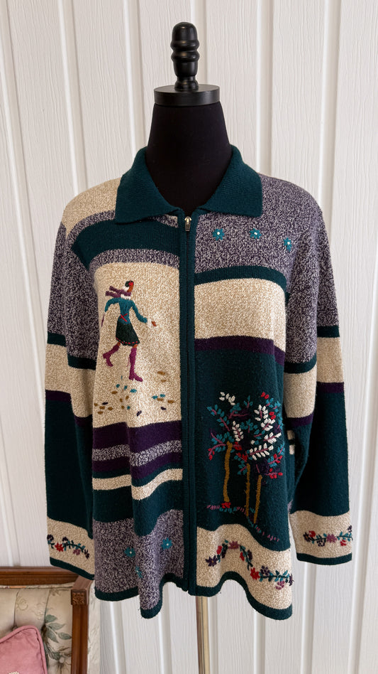 Cardigan tricot beige,turquoise et mauve- large