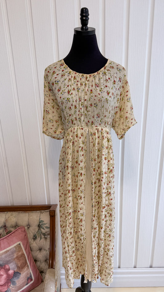 Robe beige fleurie rouge et jaune- medium