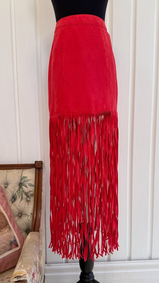 Jupe en faux suède rouge à franges- small