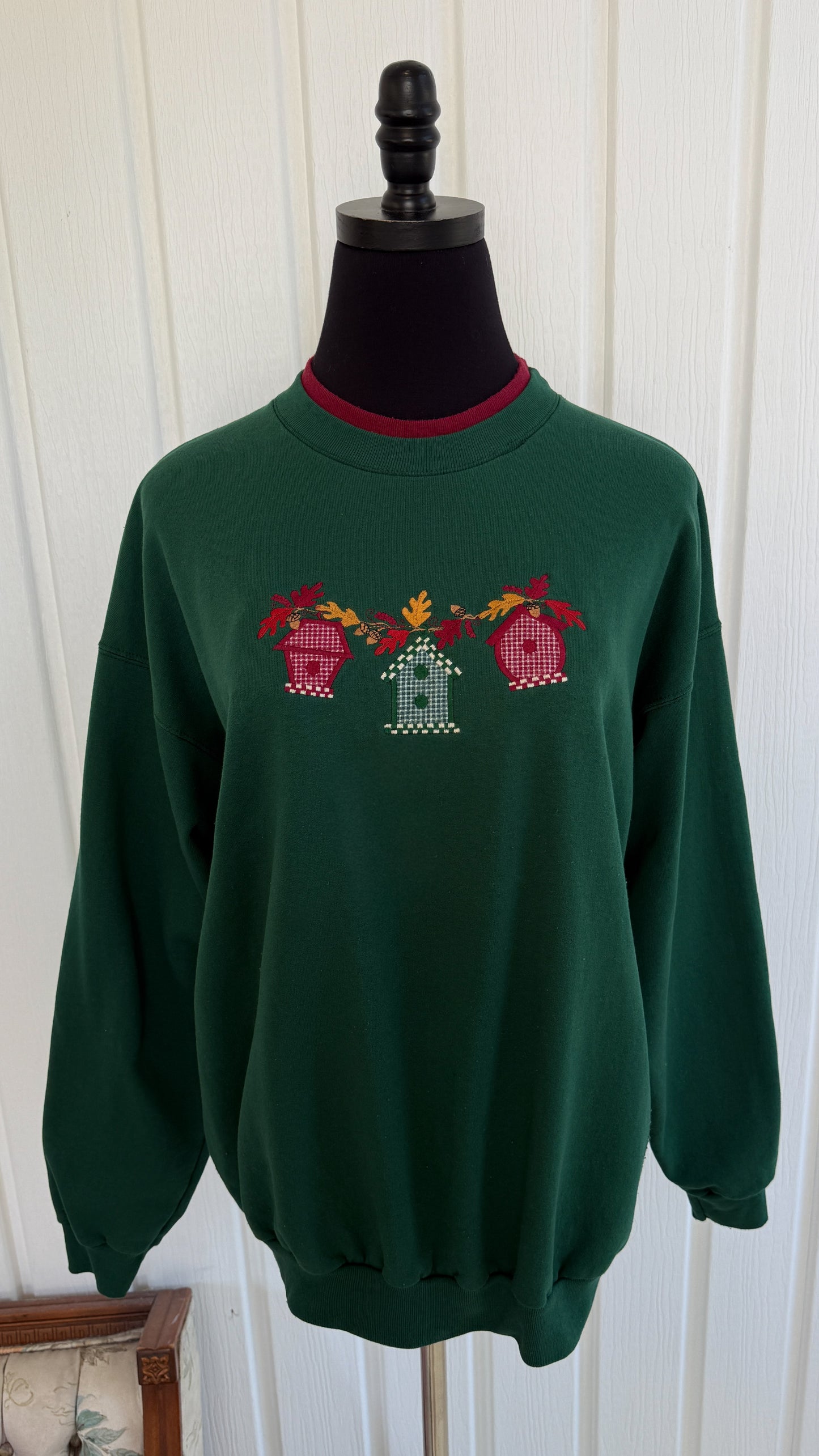 Chandail crewneck vert cabanes oiseaux- large