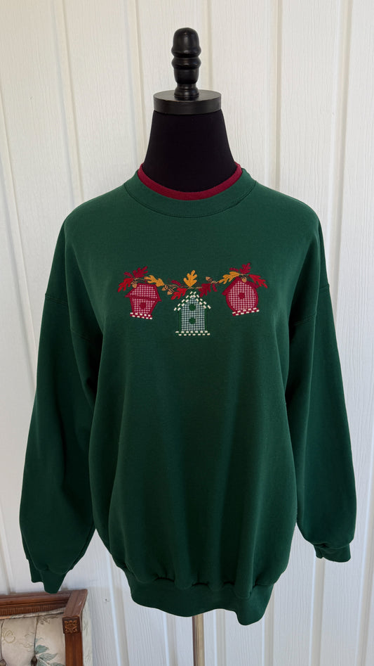 Chandail crewneck vert cabanes oiseaux- large