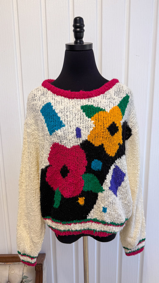 Chandail tricot beige fleuris- medium