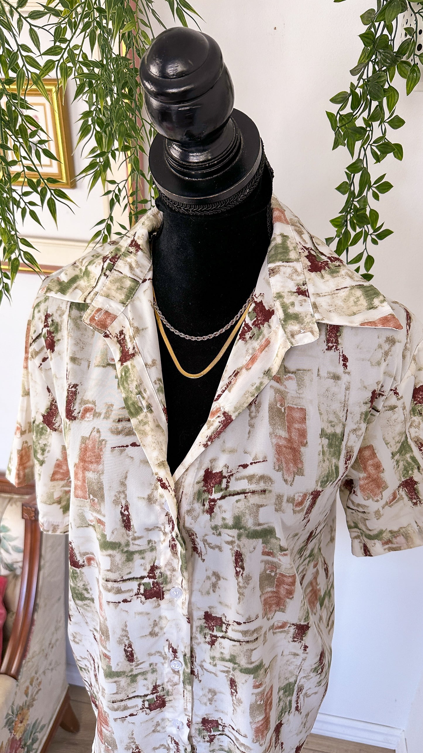 White blouse with green and brown abstract patterns - medium