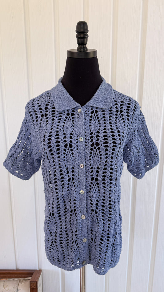 Cardigan en tricot crochet bleu- medium