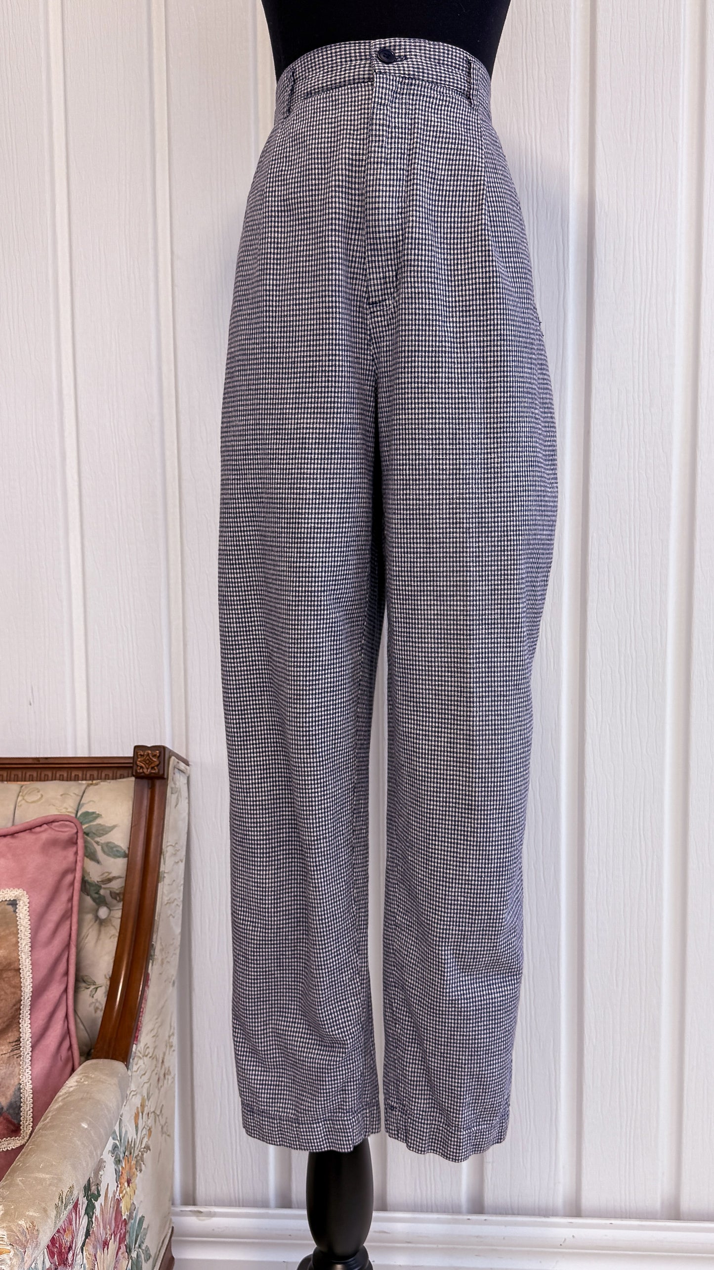 Pantalons en lin carreauté marine - small