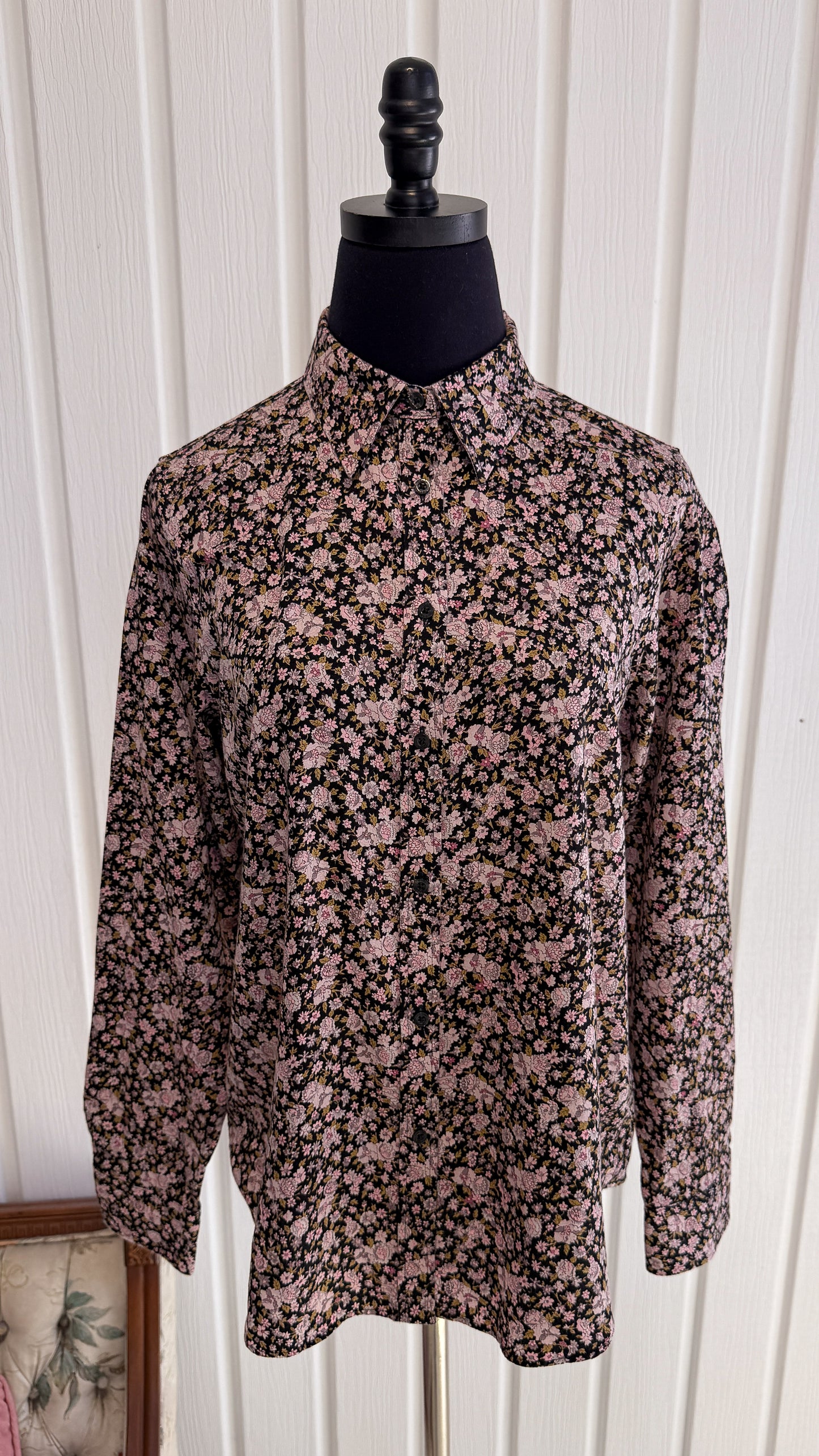Black floral blouse with pink flowers - medium
