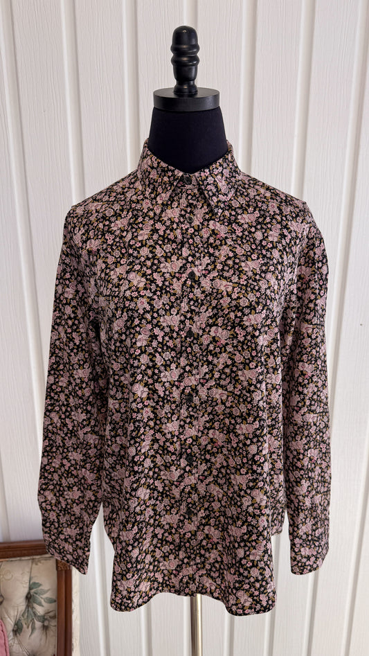 Black floral blouse with pink flowers - medium