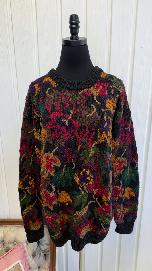Chandail tricot noir feuilles- large