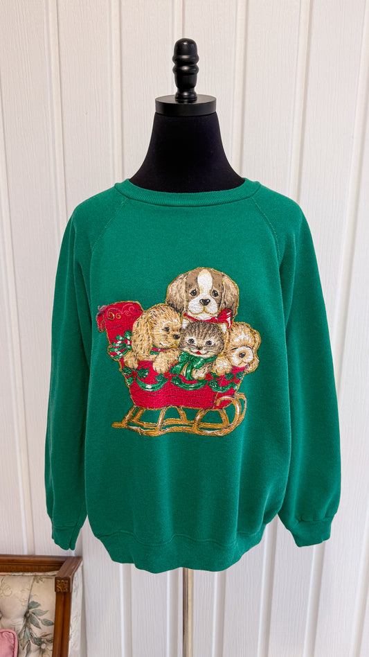 Chandail crewneck vert chiots de Noël- medium