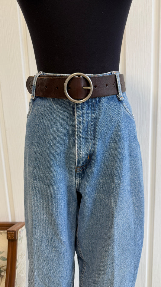 Ceinture en cuir brun foncé boucle ronde- medium/large