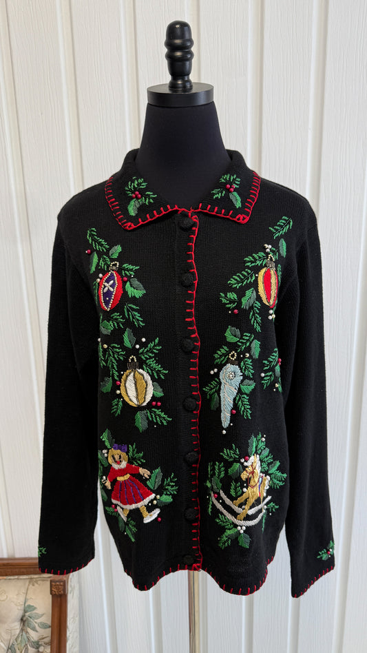 Cardigan tricot noir motifs jouets de Noel- medium