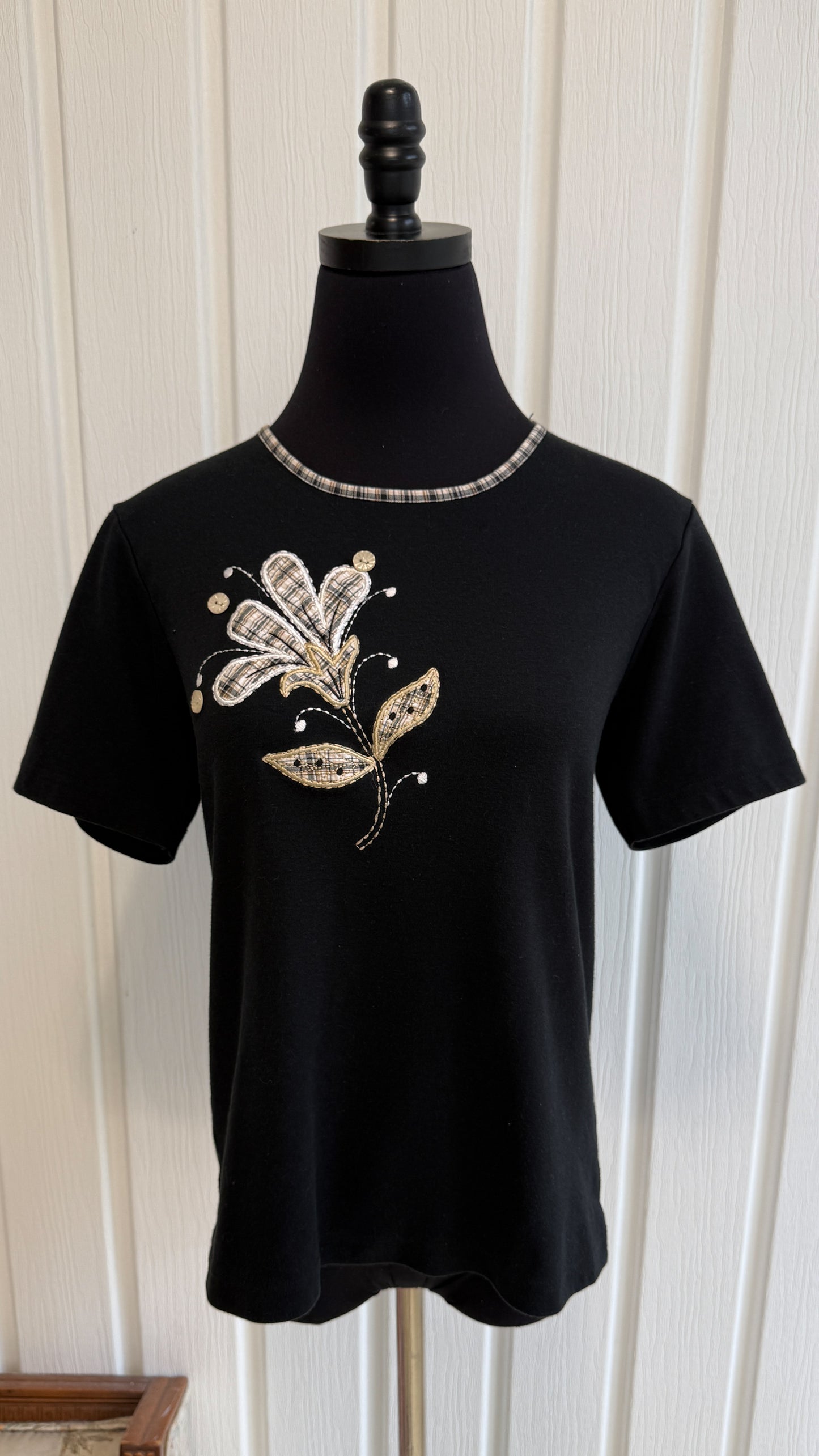 T-shirt noir fleurs beige- small