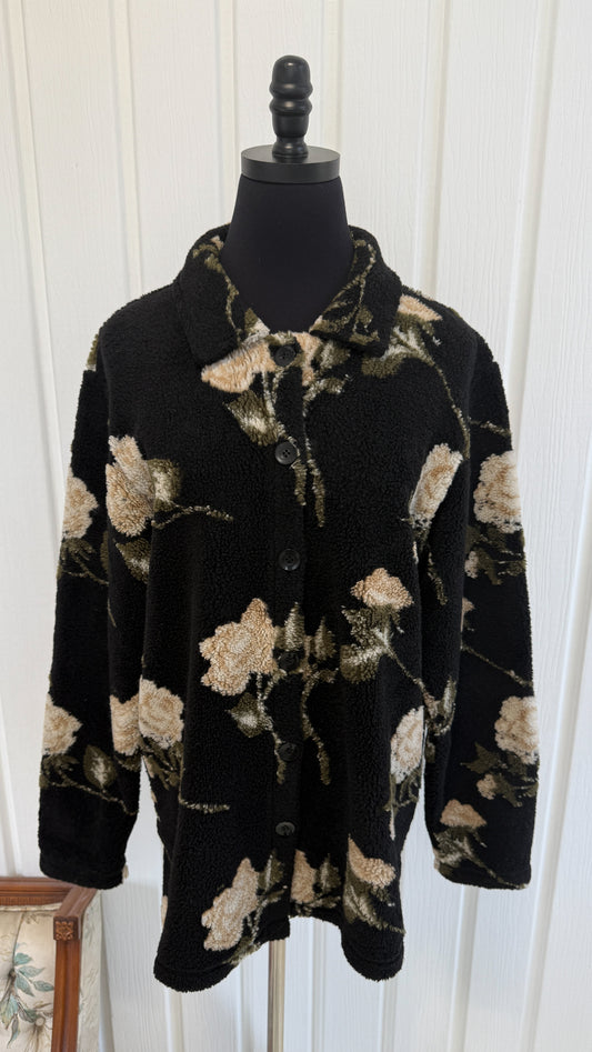 Veste en polar noir fleurie beige - medium