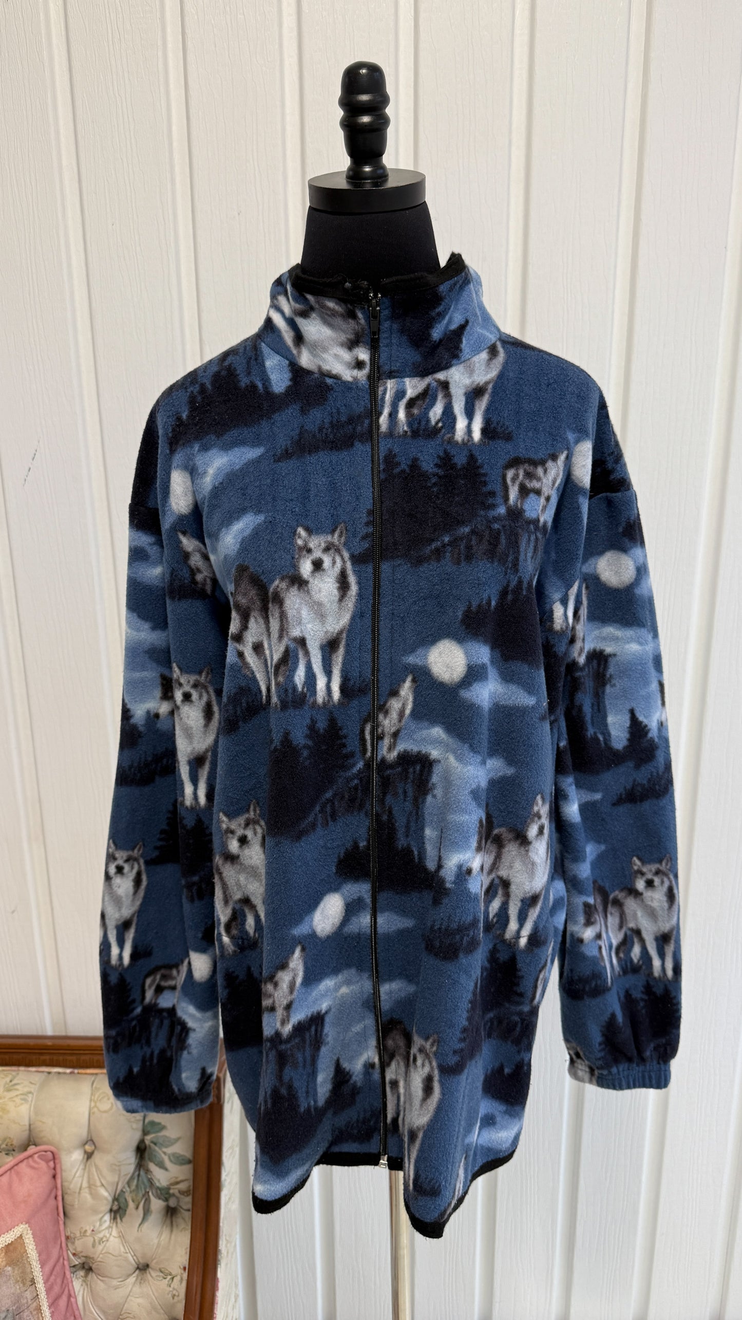 Veste en polar bleu loups- large