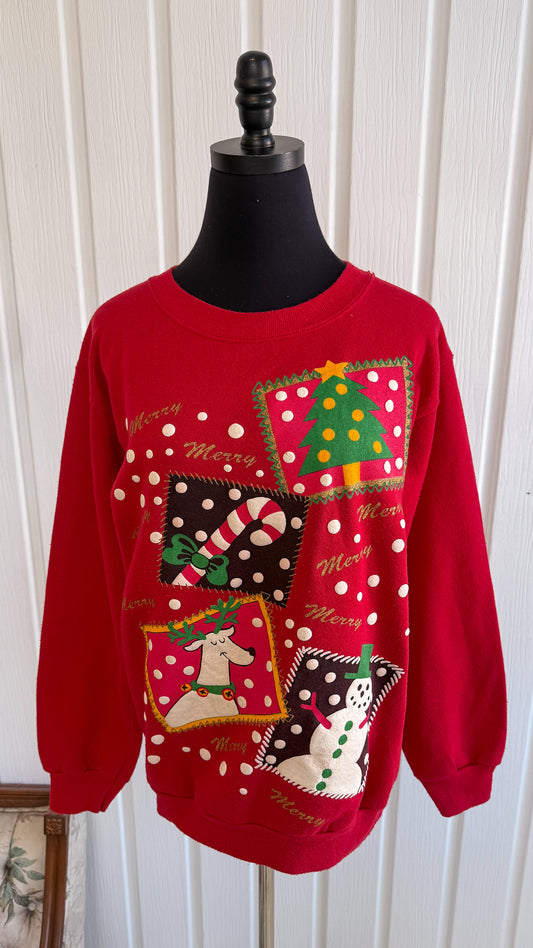 Chandail crewneck rouge carrés motifs Noel- medium