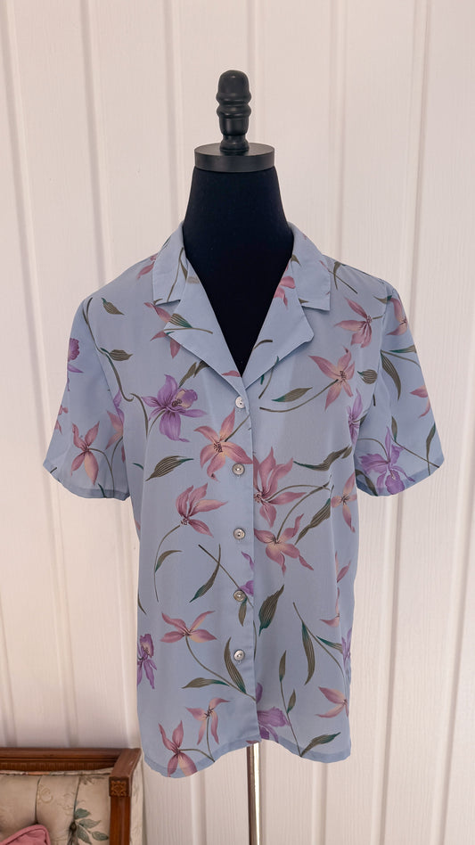 Chemisier bleu fleuris mauve et rose- medium