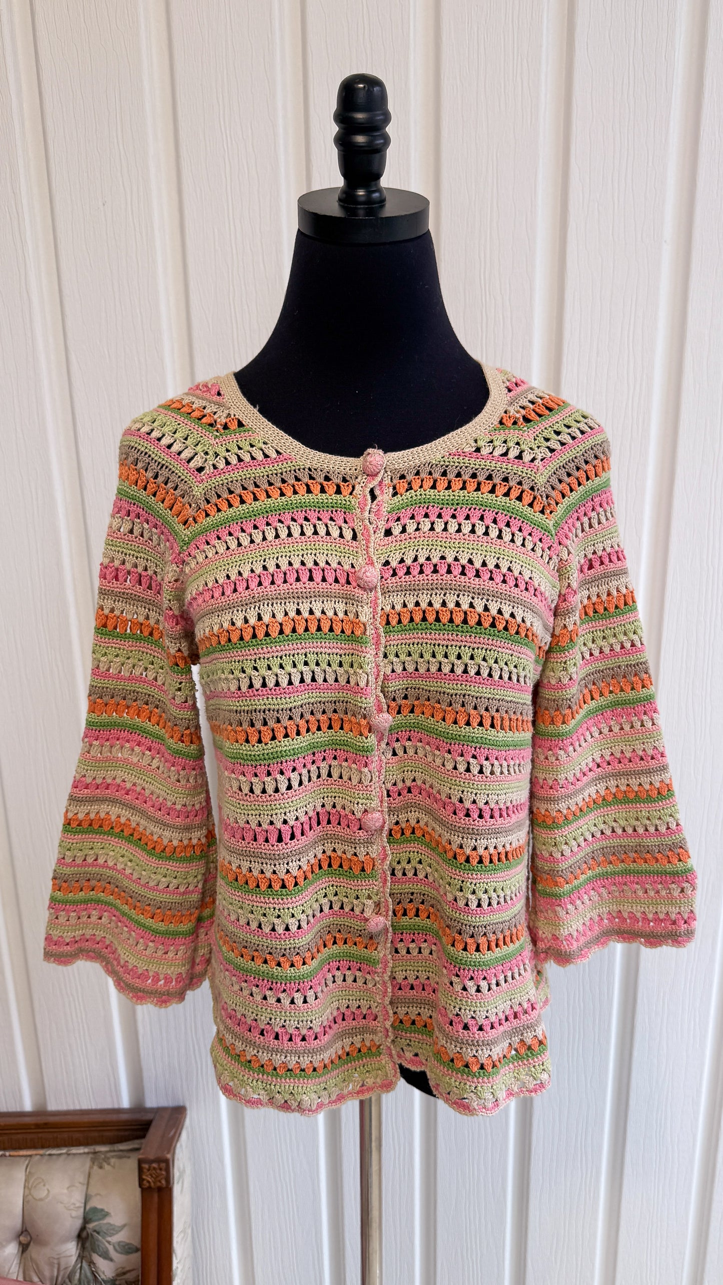 Cardigan tricot rayé rose et vert- medium
