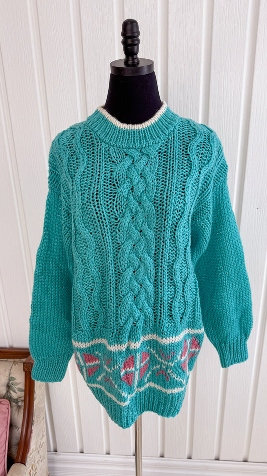 Chandail tricot turquoise et rose - large