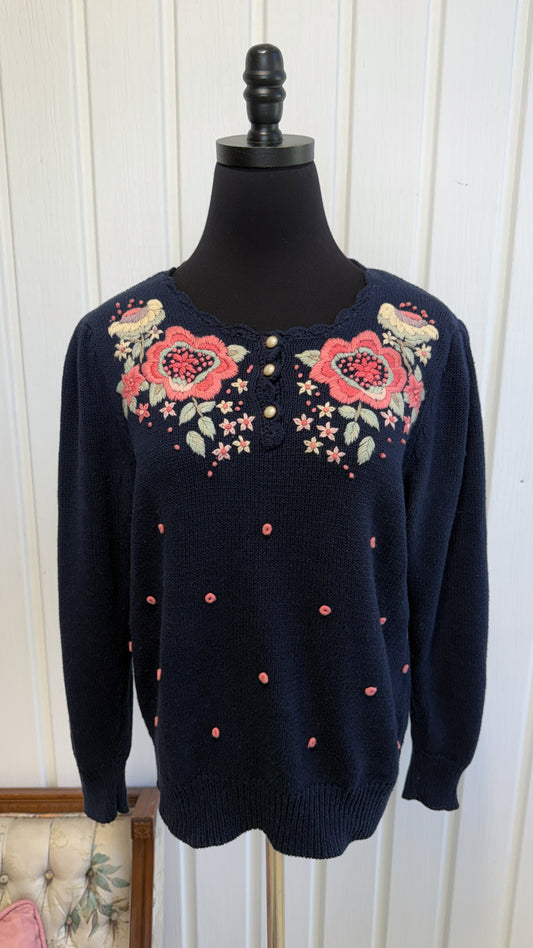 Chandail en tricot marine fleuris rose - medium