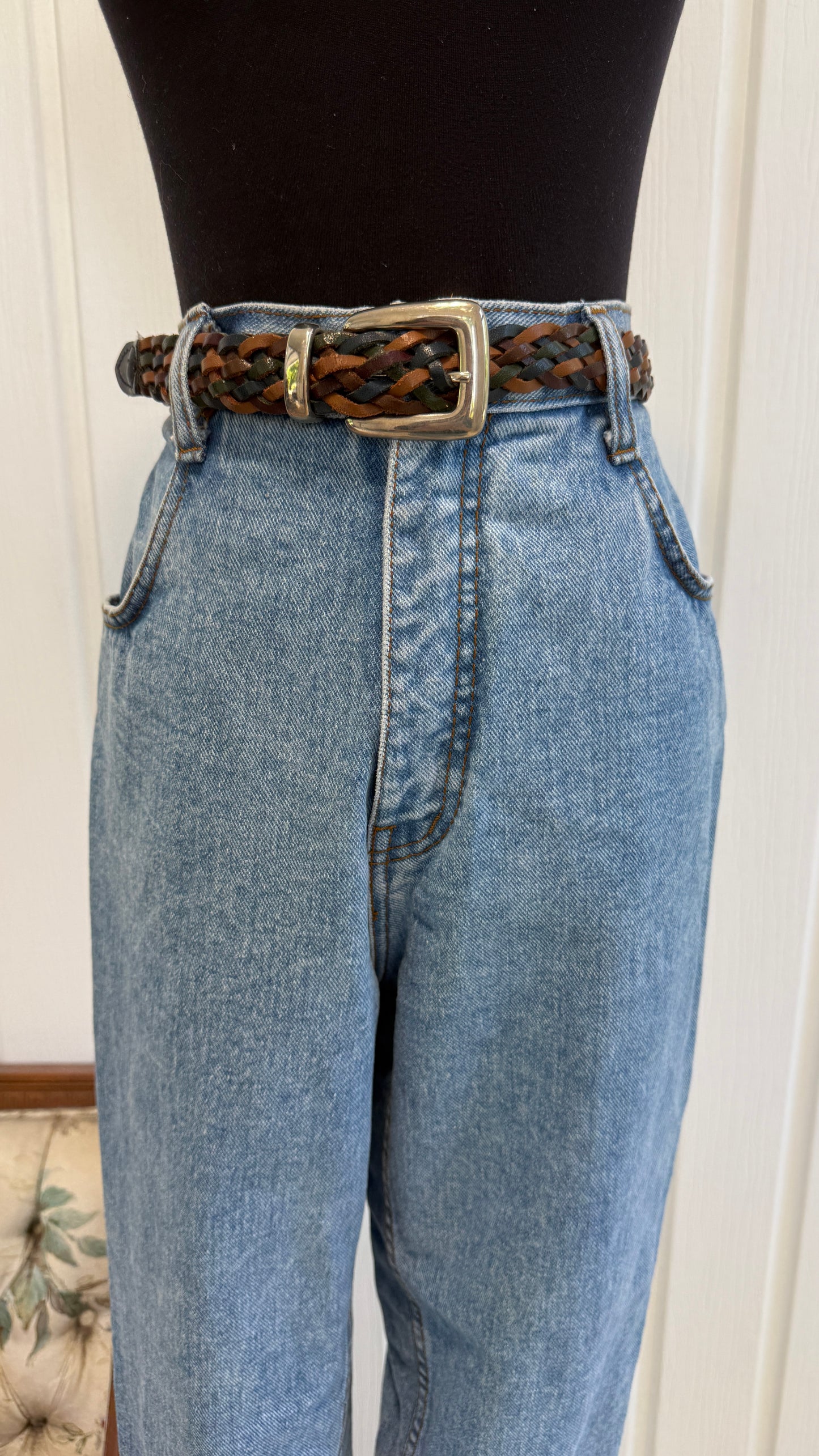 Ceinture en cuir tressé brun,bleu et vert - medium/large
