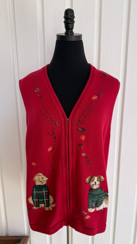 Veste sans manches en tricot rouge chiens- large