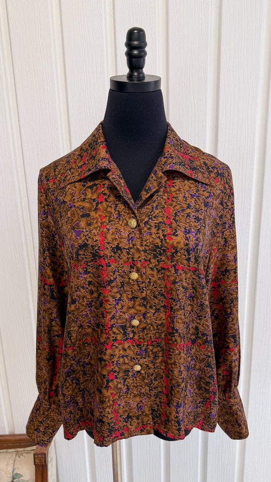 Chemisier brun à motifs rouge et mauve- medium