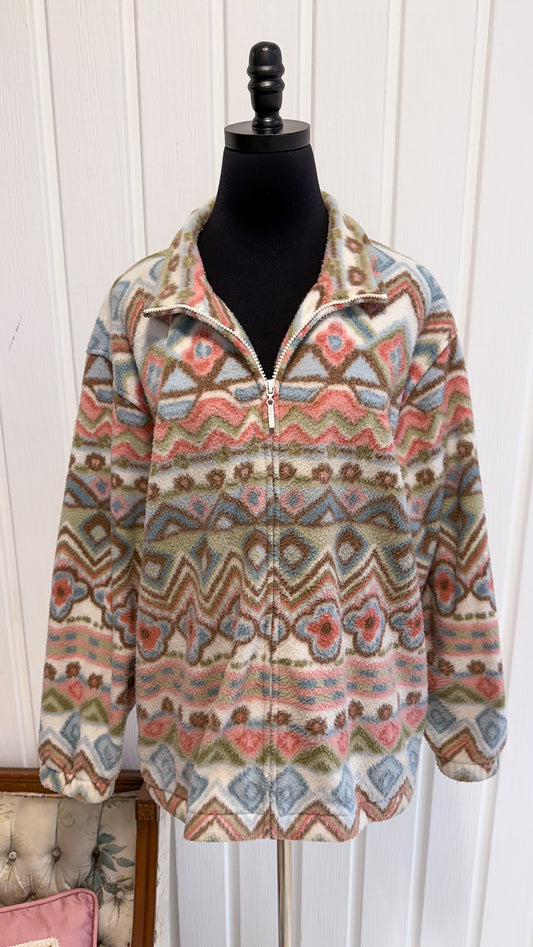 Veste en polar beige fleurie rose- large