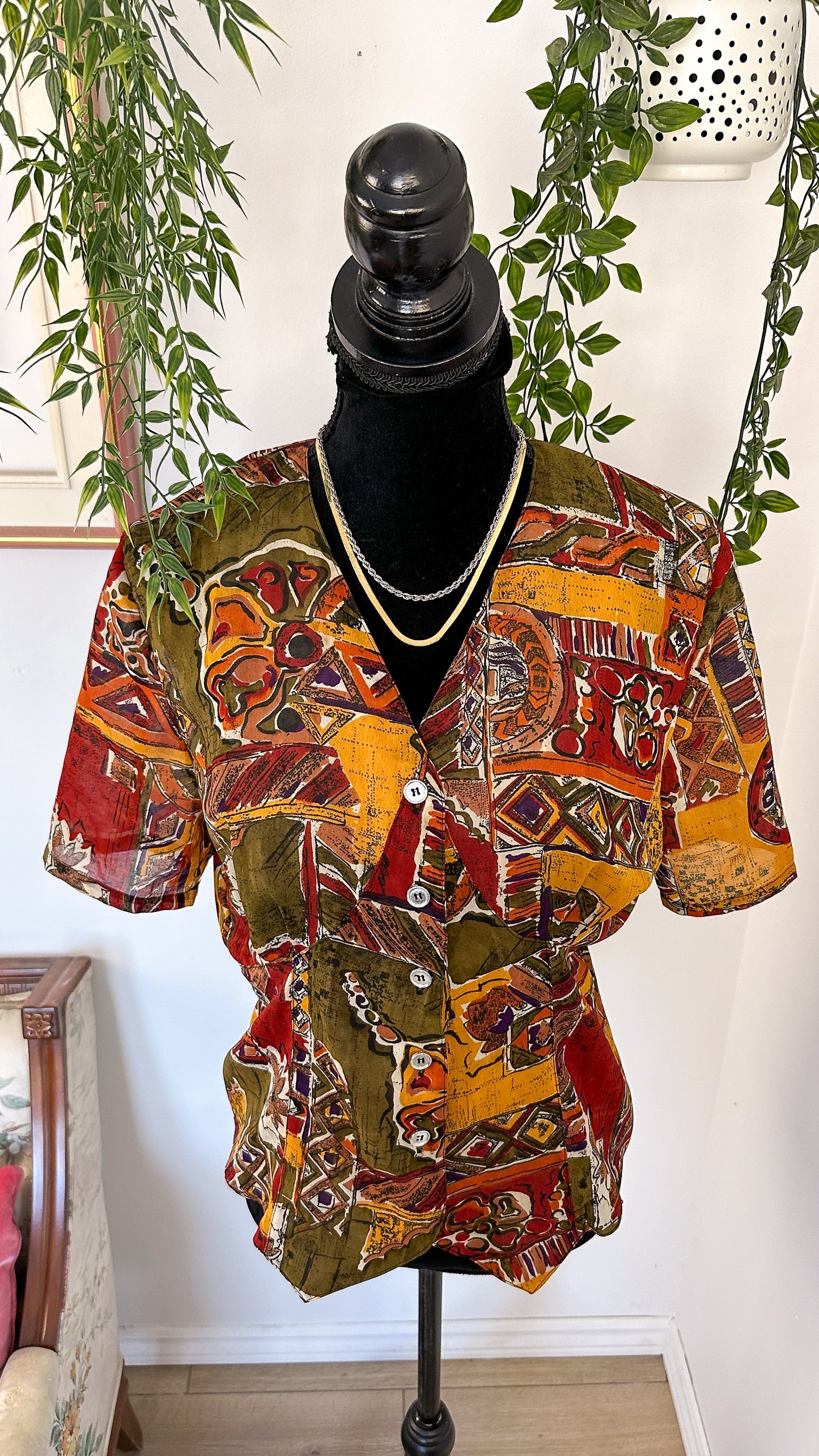 Blouse with abstract yellow, red and green patterns - medium