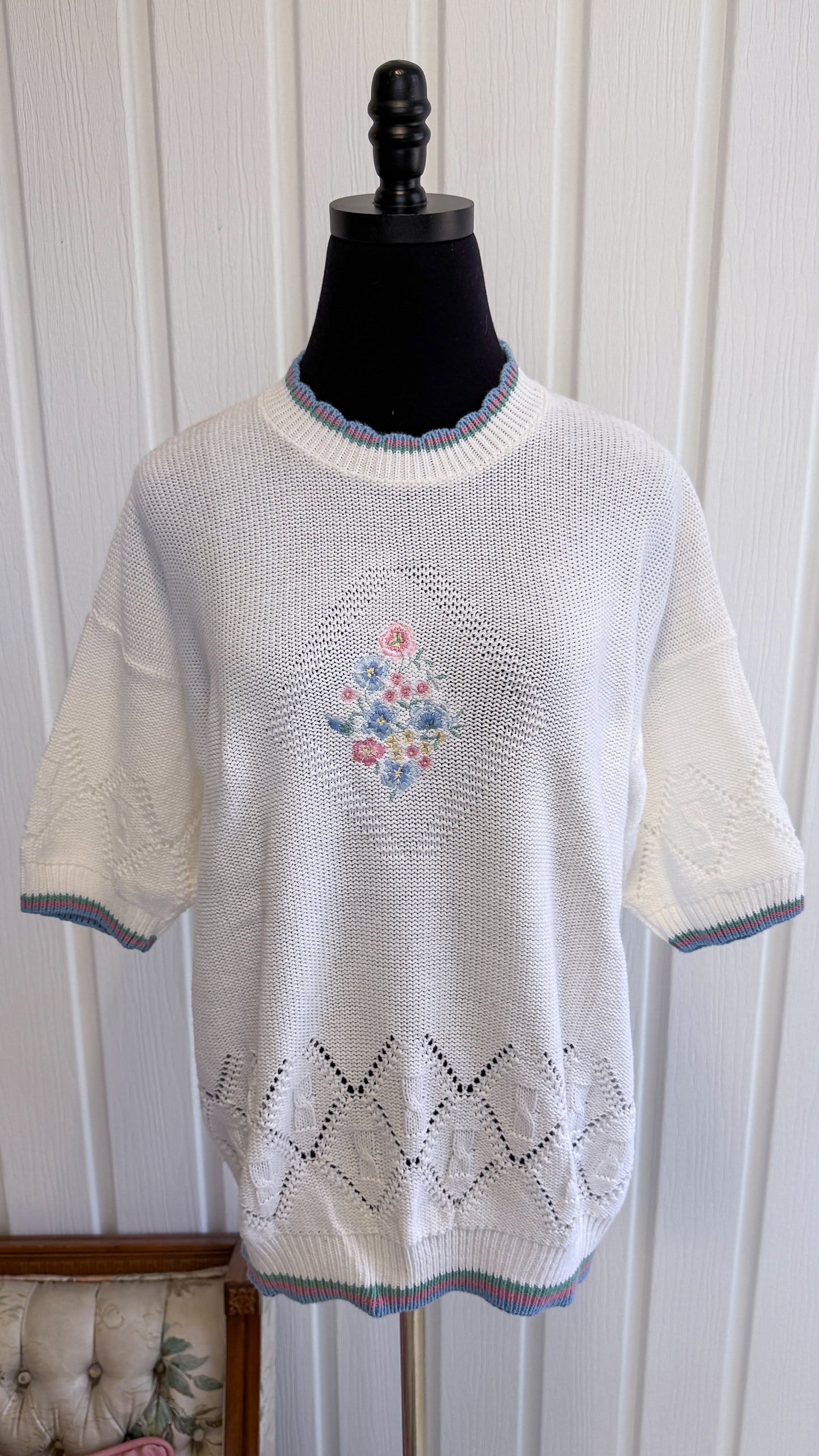 T-shirt en tricot blanc fleuris- large