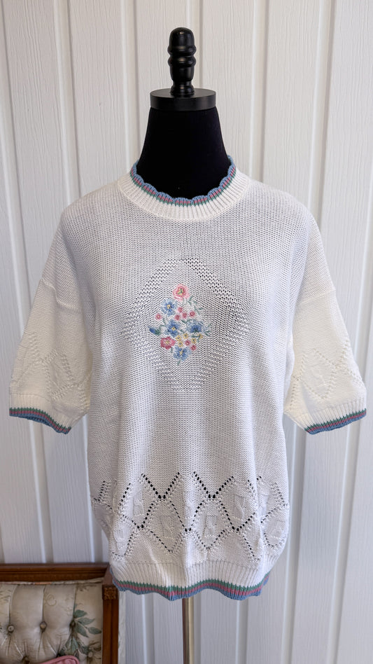 T-shirt en tricot blanc fleuris- large