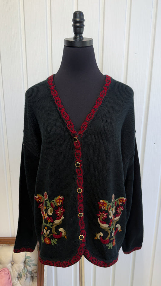Cardigan tricot noir fleuris rouge- x-large
