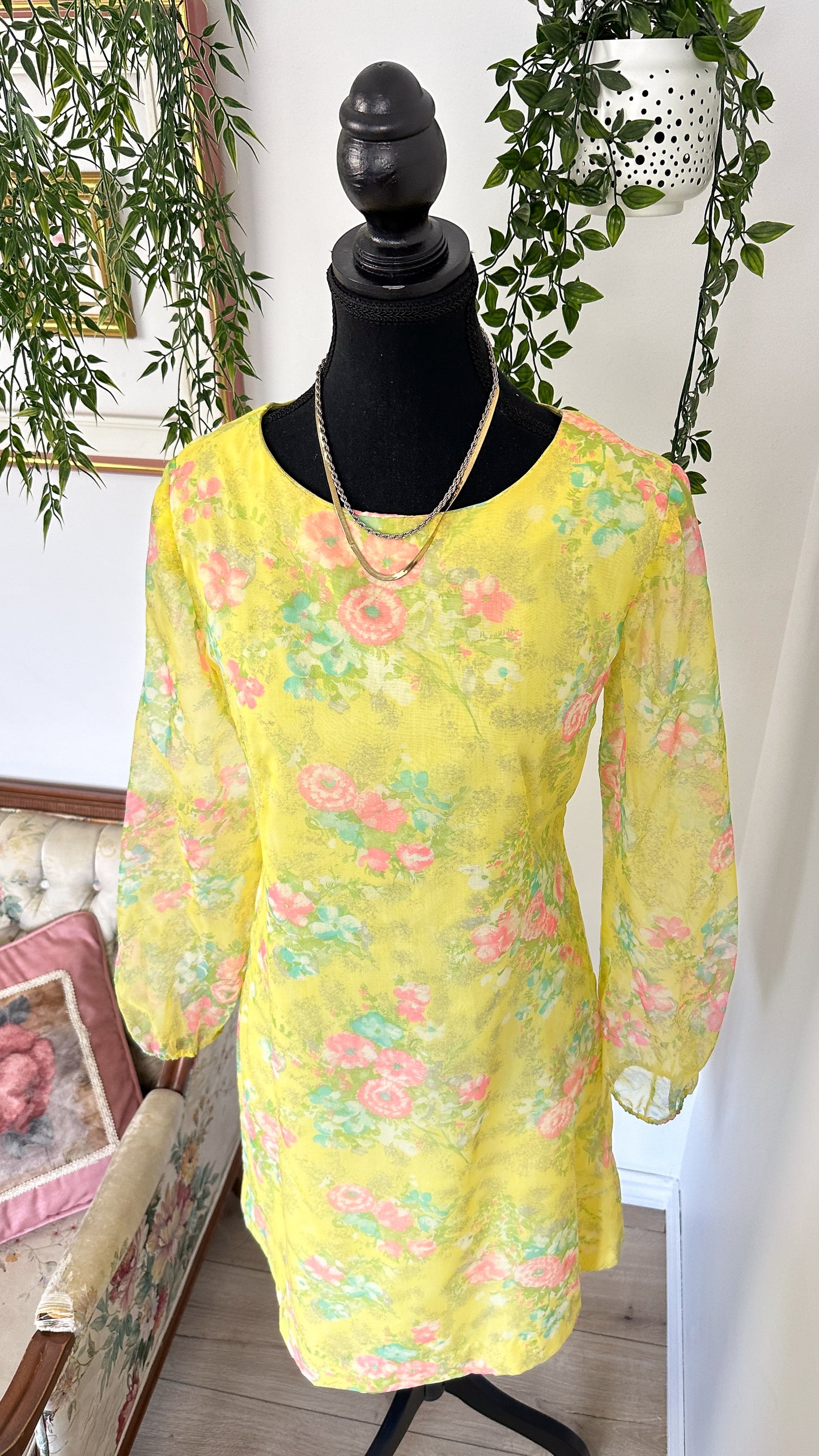 Yellow dress with pink flowers - medium