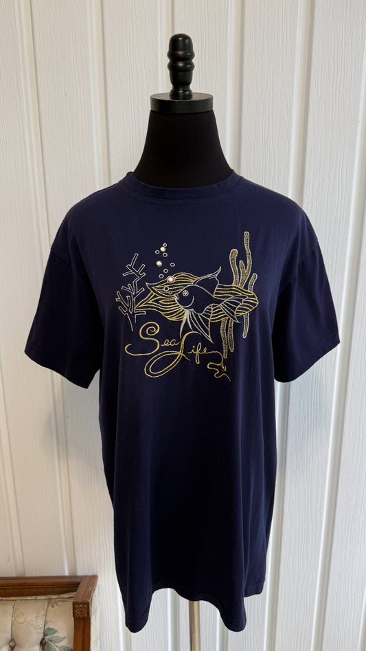 T-shirt marine poissons dorés- large