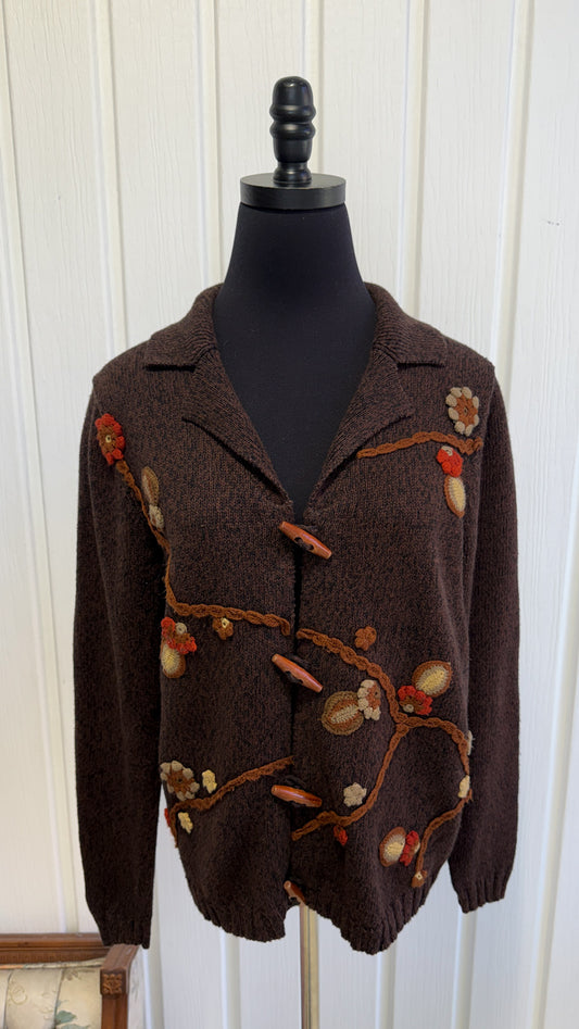 Cardigan tricot brun fleuris- small