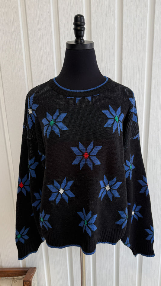 Chandail en tricot noir fleuris bleu- large
