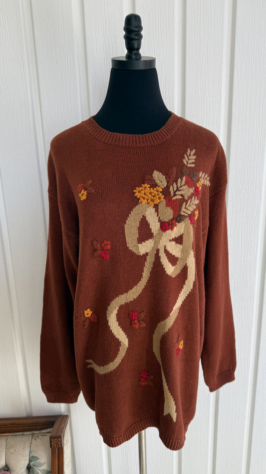 Chandail tricot orange boucle fleuris- large